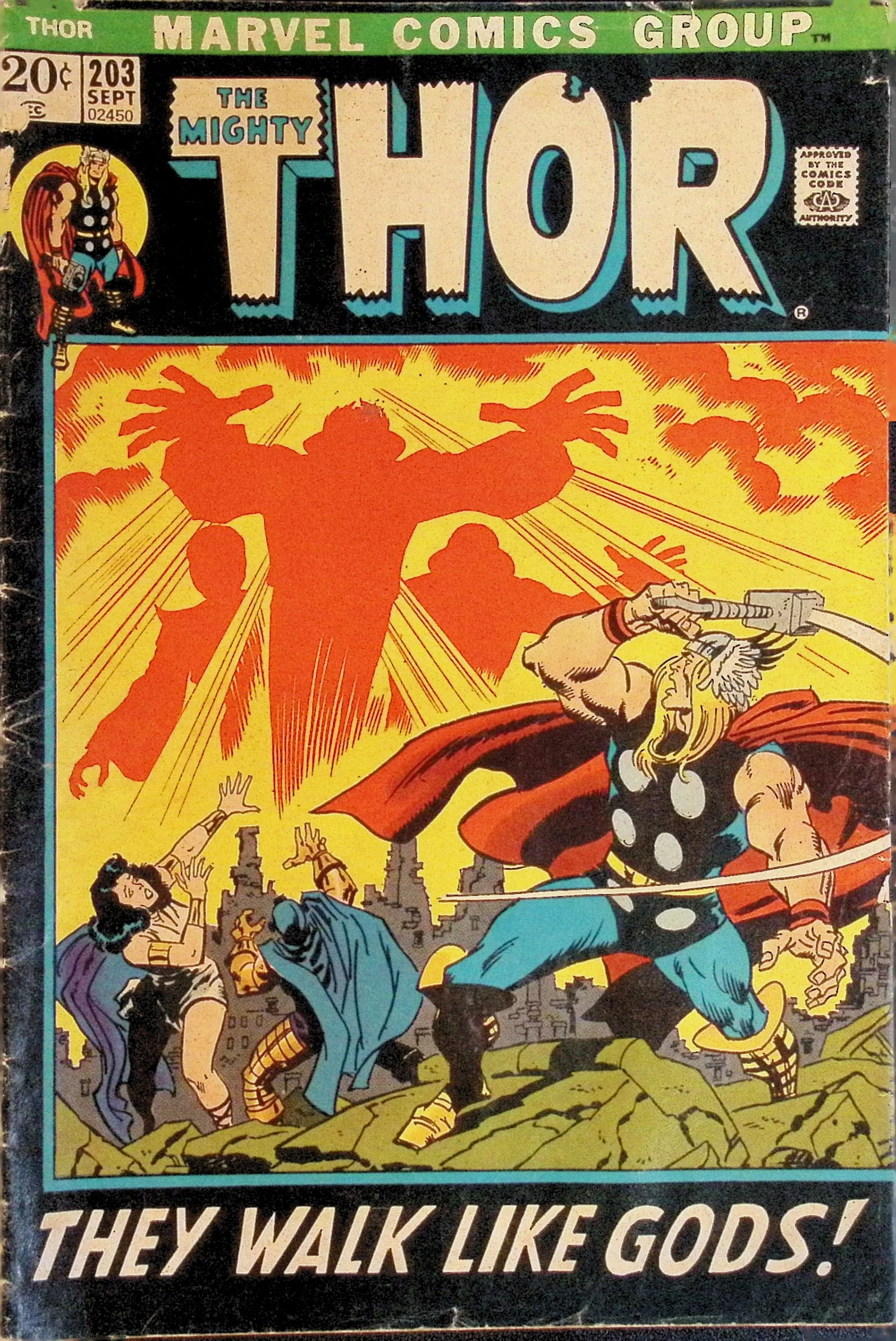 The Mighty Thor, Marvel Vintage Comic Book: 1972 #203 Sept, Low Grade, See pictures: All Comic Books come Bagged, Boarded, and Sleeved in a Hard PVC Top Loader, Shipping is a little more than baseball cards due to the cost of supplies, Super Heroes Collectibles, Auction Magazine Lots
