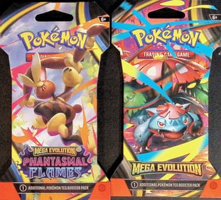 2 COUNT: 1 - 2025 Pokemon Mega Evolutions Booster Pack & 1 - 2025 Phantasmal Flames Booster Pack