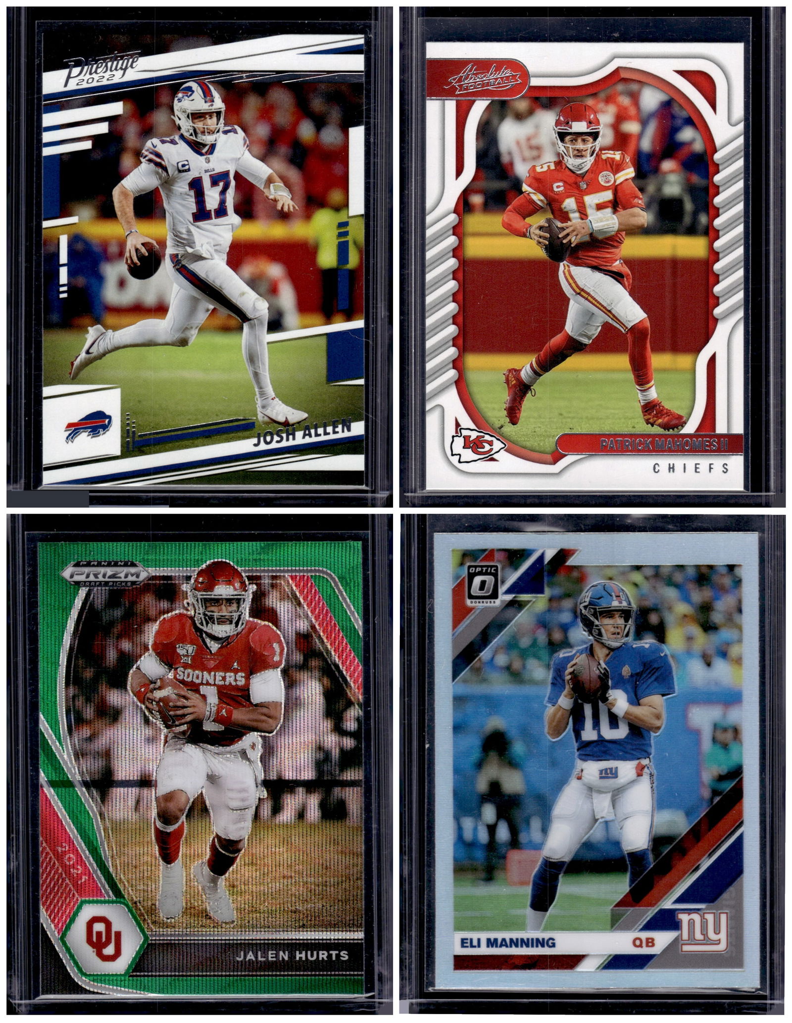 Lot of 4 Panini NFL QB Cards. Josh Allen, Mahomes, Hurts Green Wave, Manning Holo Prizm (1 of 2)