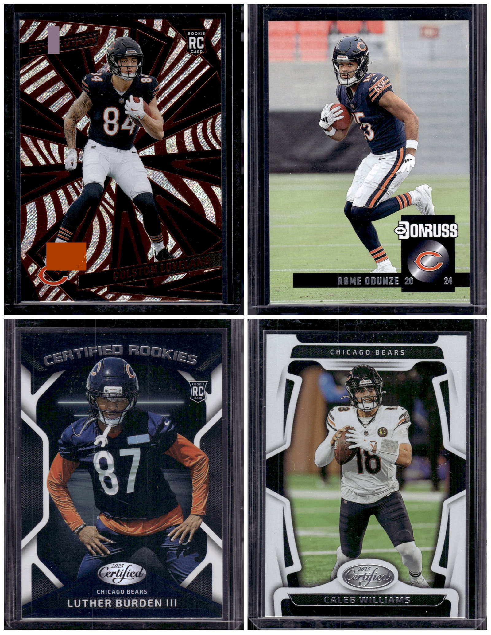 Lot of 4 Chicago Bears Football Cards. Loveland RC, Odunze RC, Burden RC, Williams Base (1 of 2)