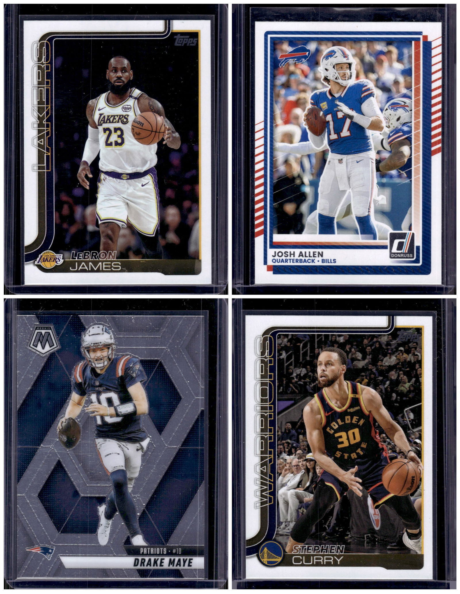 Multi Sport Lot of 4 Superstar Base Cards. LeBron James, Josh Allen, Steph Curry, Drake Maye (1 of 2)
