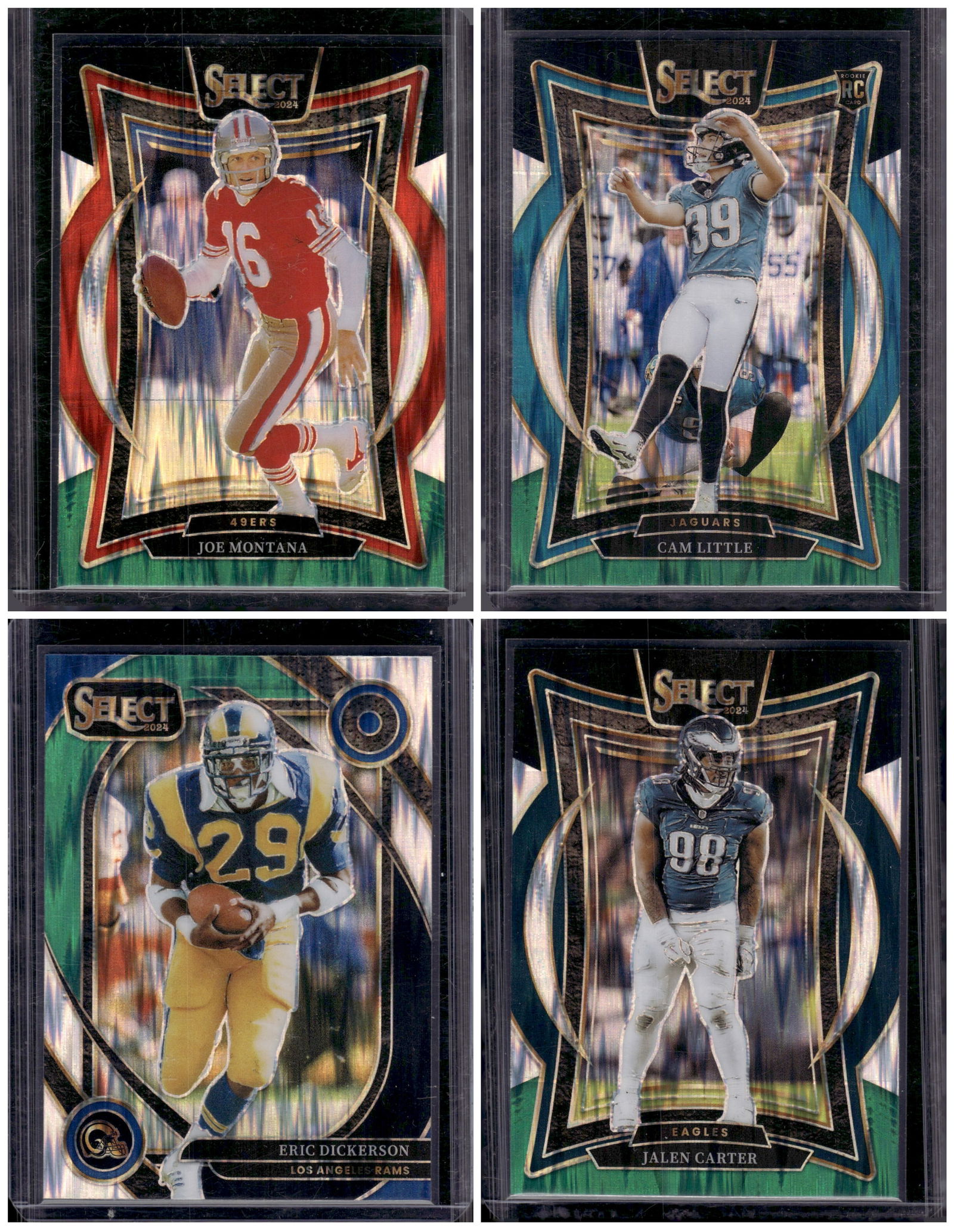 Lot of 4 2024 Select NFL Black/Green Shock Prizms. Montana, Little RC, Dickerson, Jalen Carter (1 of 2)