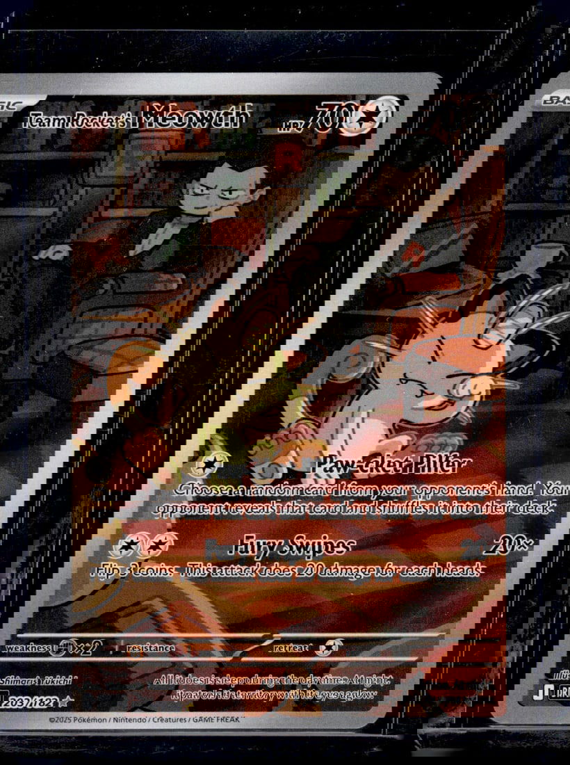 2025 Pokemon Destined Rivals Team Rocket's Meowth Illustration Rare #203: Pokemon Trading Card Game Cards, Charizard, Pikachu, Mewtwo, Reverse Holo, Holo Rare, Secret Rare Cards, Full Art Cards, Eevee, Ultra Rare Card, Illustration Rare, Special Illustration Rare SIR