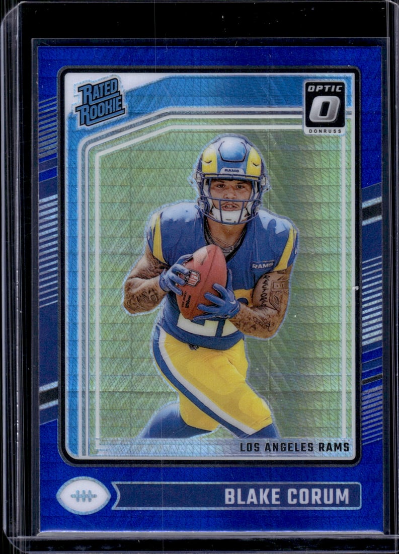 Blake Corum Rookie Card Blue Hyper Prizm 2024 Donruss Optic #208 Los Angeles Rams (1 of 2)