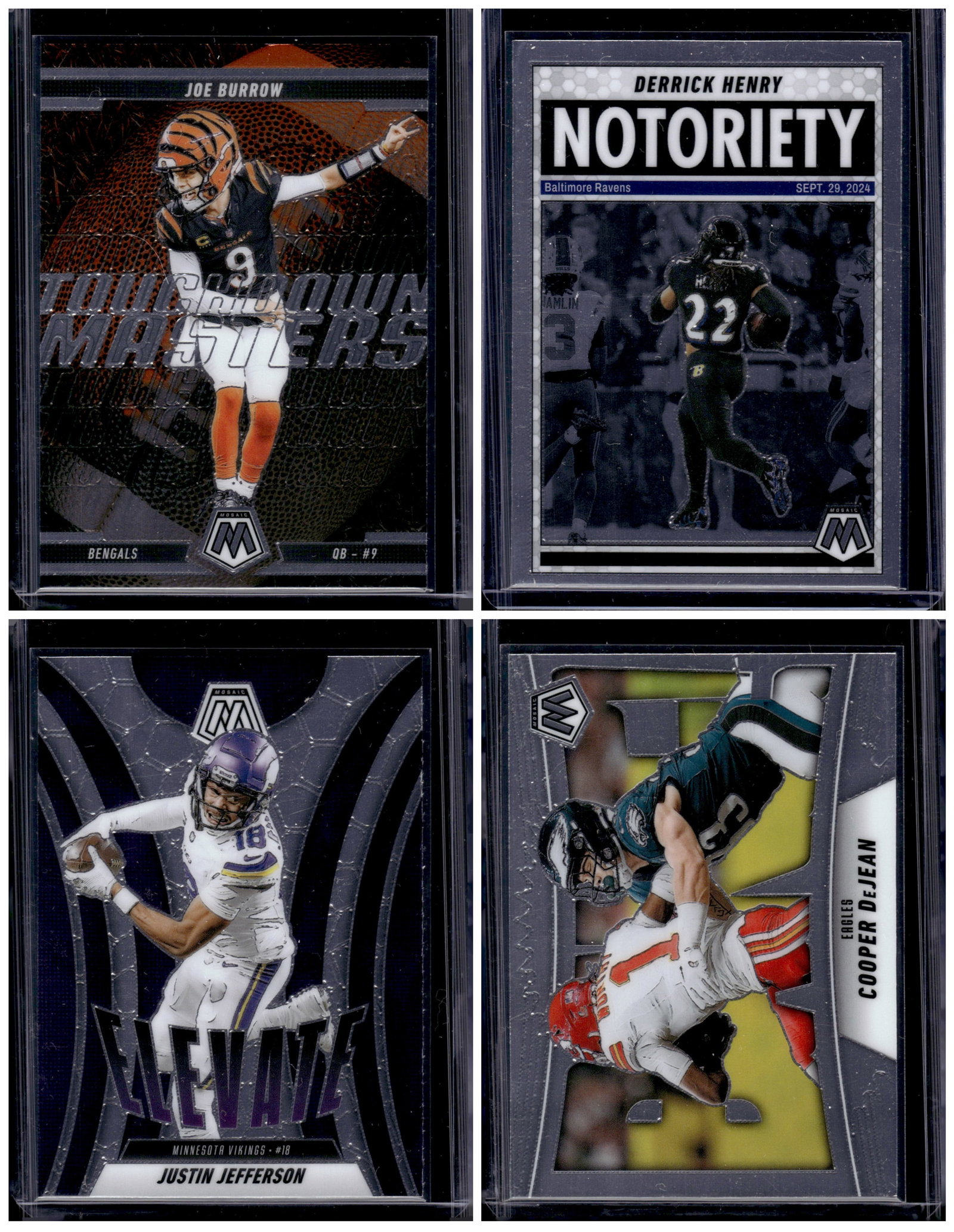 Lot of 4 2025 Mosaic NFL Inserts. Joe Burrow, Derrick Henry, Justin Jefferson, Copper DeJean (1 of 2)