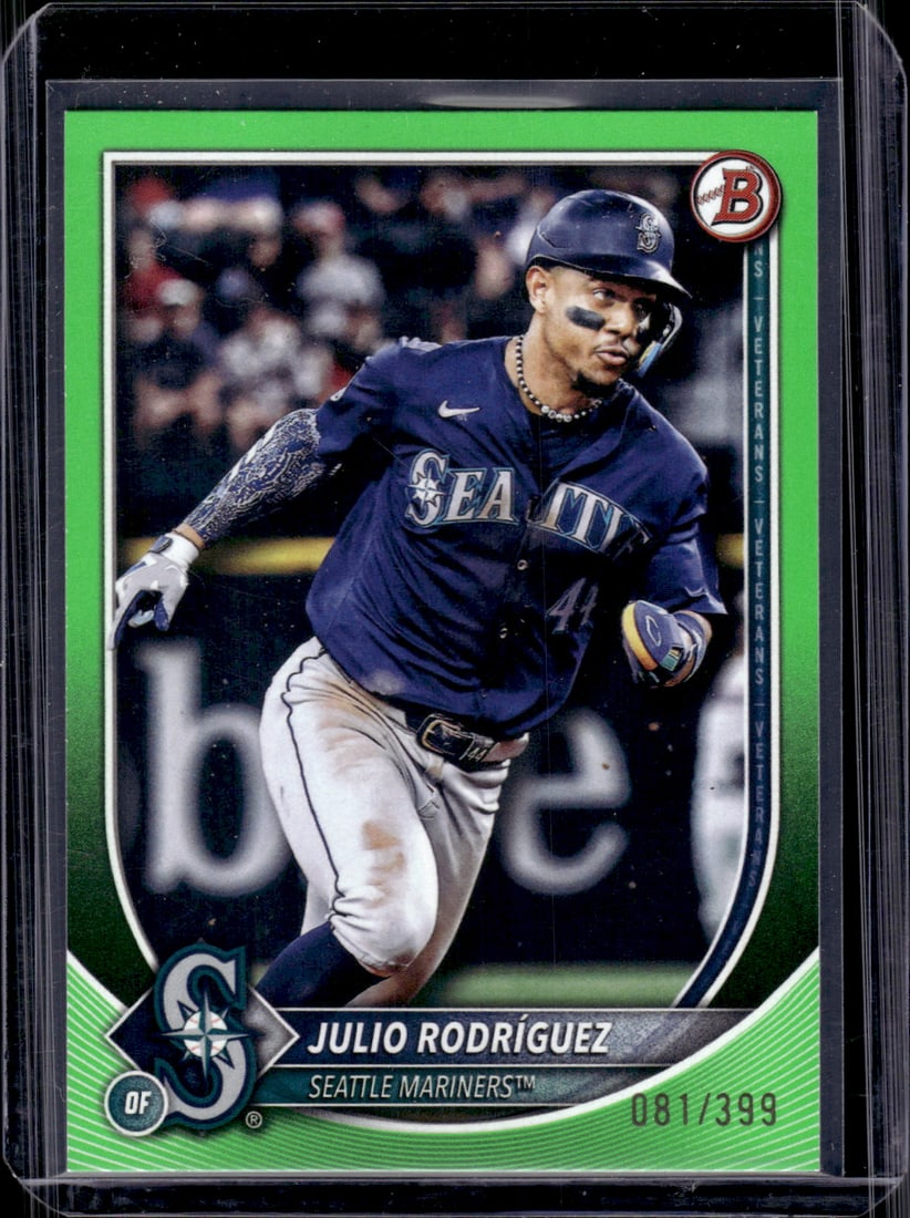 Julio Rodriguez Neon Green /399 2025 Bowman #79 Seattle Mariners: Bowman Baseball MLB Trading & Sports Cards, Sports Cards for Sale Near Me, World Series & Hall of Fame Players, SP, SSP, Chrome, 1st Bowman, Auction Memorabilia Lots Sold On Line