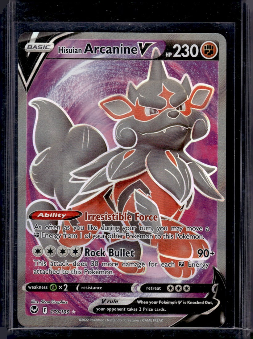 2022 Pokemon Silver Tempest Hisuian Arcanine V Full Art #179: Pokemon Trading Card Game Cards, Charizard, Pikachu, Mewtwo, Reverse Holo, Holo Rare, Secret Rare Cards, Full Art Cards, Eevee, Ultra Rare Card, Illustration Rare, Special Illustration Rare SIR