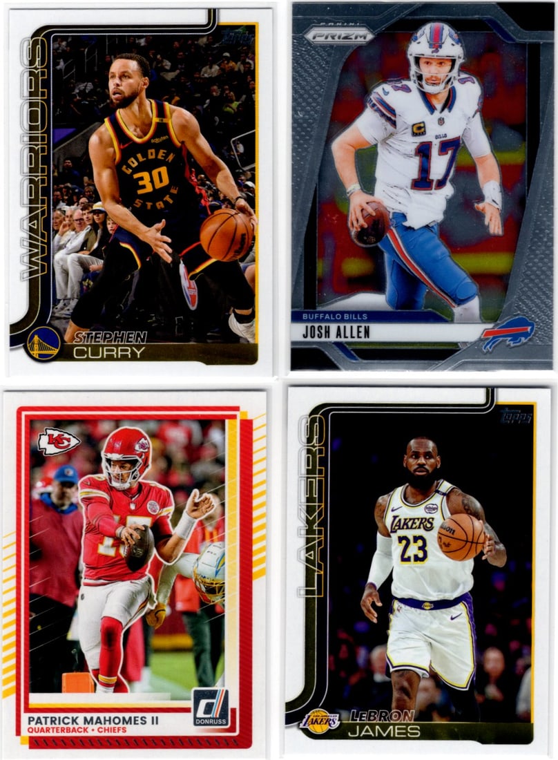 Multi Sport Lot of 4 Superstar Base Cards. Mahomes, LeBron James, Curry, Allen (1 of 2)