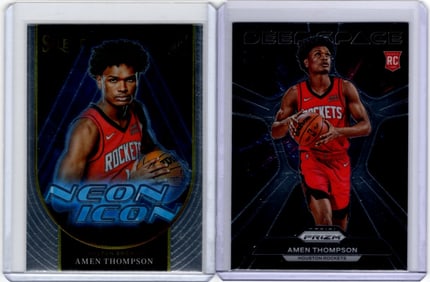 Lot of 2 Amen Thompson Rookie Card Inserts. Panini Prizm Deep Space & Select Neon Icon