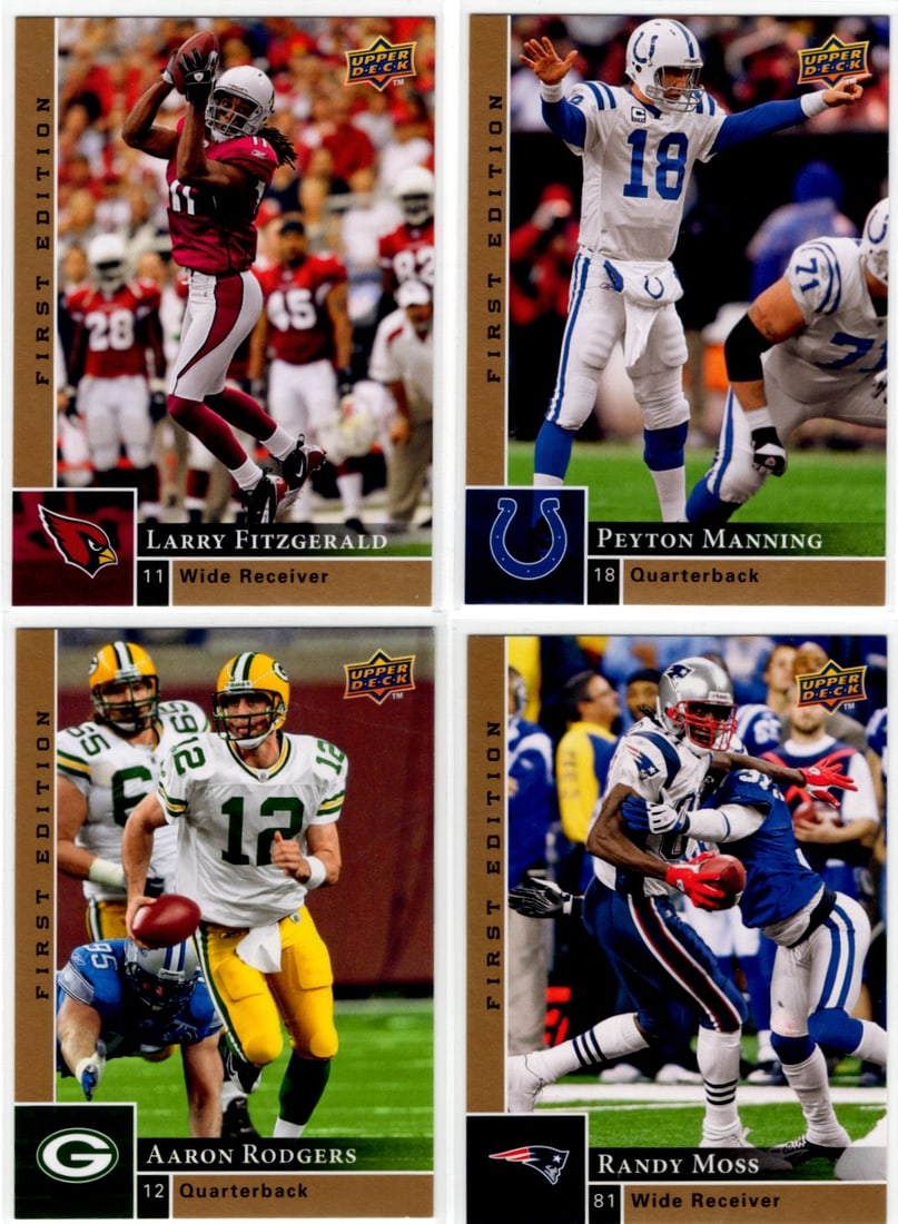 Lot of 4 2009 Upper Deck First Edition Football Cards. Manning, Rodgers, Moss, Fitzgerald: Upper Deck, Football NFL Trading Cards, Old Sports Cards for Sale Near Me, Hall of Fame & Super Bowl Player Cards, Auction Memorabilia Lots for Sale on Line