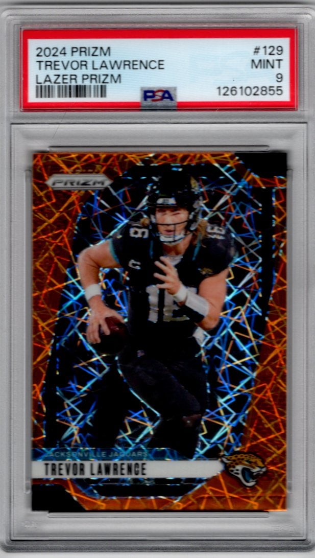 Trevor Lawrence Orange Lazer Prizm 2024 Prizm #129 PSA 9 Jacksonville Jaguars: Panini Select, Prizm, Mosaic, Contenders, Zenith, Phoenix, Illusions, Absolute, Rookie NFL Sports Trading Cards, SP, SSP, Cards, Football Cards for Sale Near Me, Superbowl & Hall of Fame Player Cards,