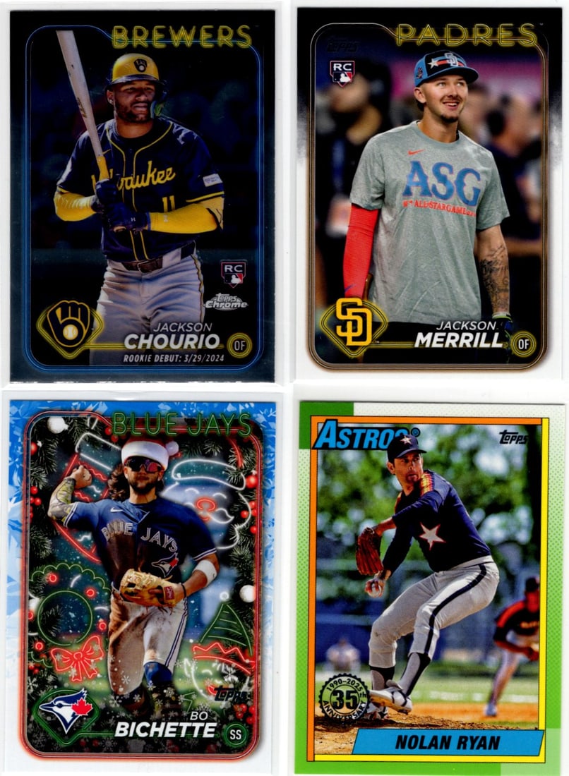 Lot of 4 Topps MLB Rookies, Inserts, Variations. Chourio RC, Merrill RC, Nolan Ryan, Bichette (1 of 2)