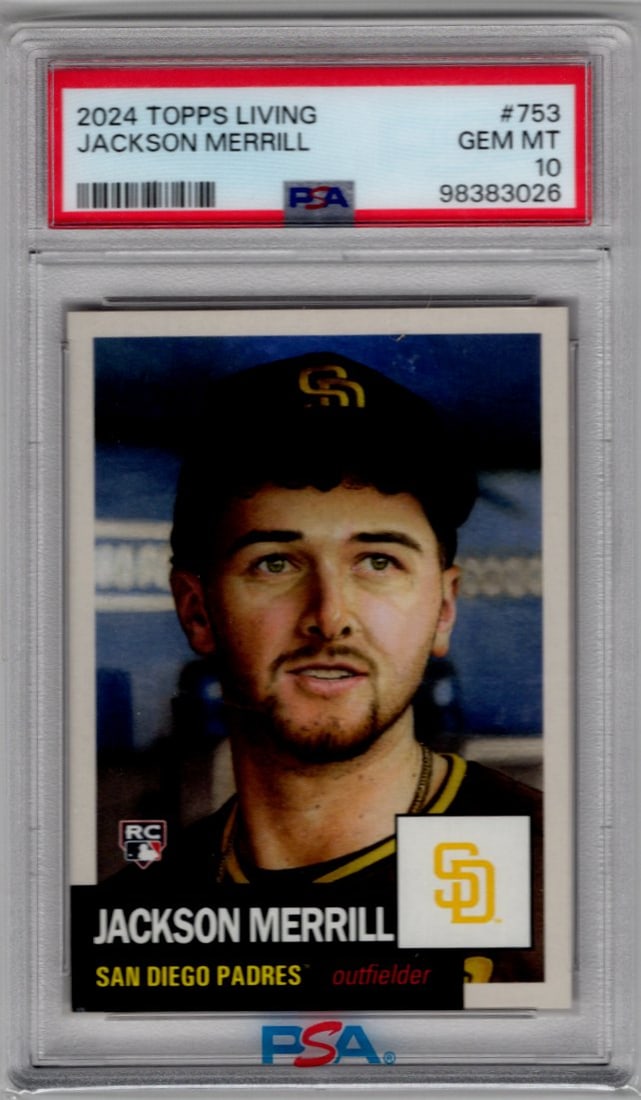 Jackson Merrill Rookie Card 2024 Topps Living #753 PSA 10 San Diego Padres: Topps Baseball MLB Trading & Sports Cards, Sports Cards for Sale Near Me, World Series & Hall of Fame Players Memorabilia, Refractors, X-Fractors, Numbered, SP, SSP, Valuable Auction Memorabilia Lots