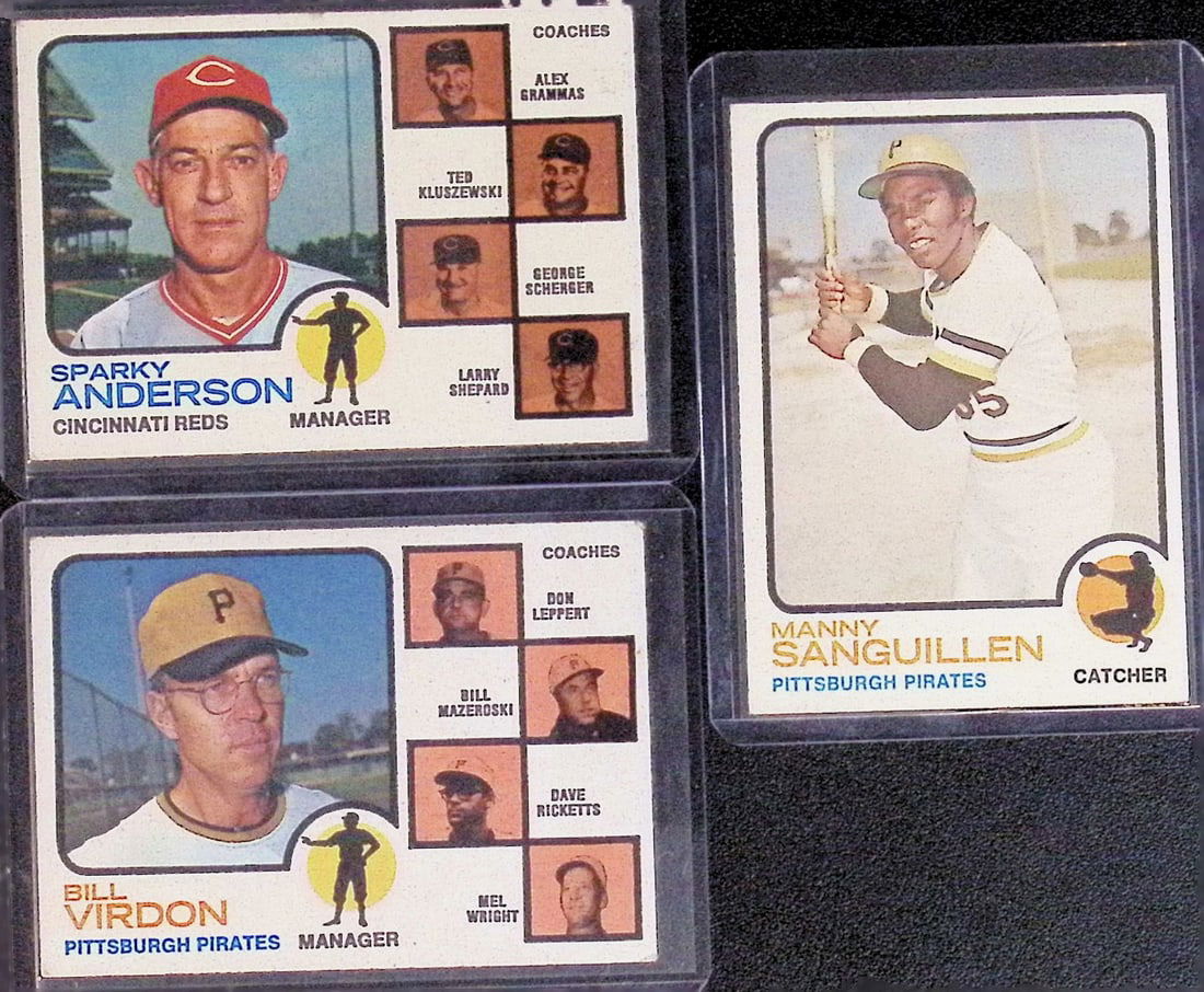 Vintage Sparky Anderson #296, Manny Sanguillen #250, & Bill Virdon #517 1973 Topps (1 of 2)