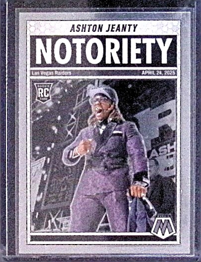 Ashton Jeanty Rookie Card Notoriety Insert 2025 Panini Mosaic #18 Draft Day Picture Card: Panini Select, Prizm, Mosaic, Contenders, Zenith, Phoenix, Illusions, Absolute, Rookie NFL Sports Trading Cards, SP, SSP, Cards, Football Cards for Sale Near Me, Superbowl & Hall of Fame Player Cards,