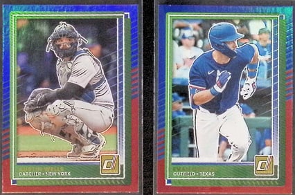Evan Carter & Austin Wells Red & Blue Foil 2025 Panini Donruss #'s: 77 & 35 Yankees & Rangers