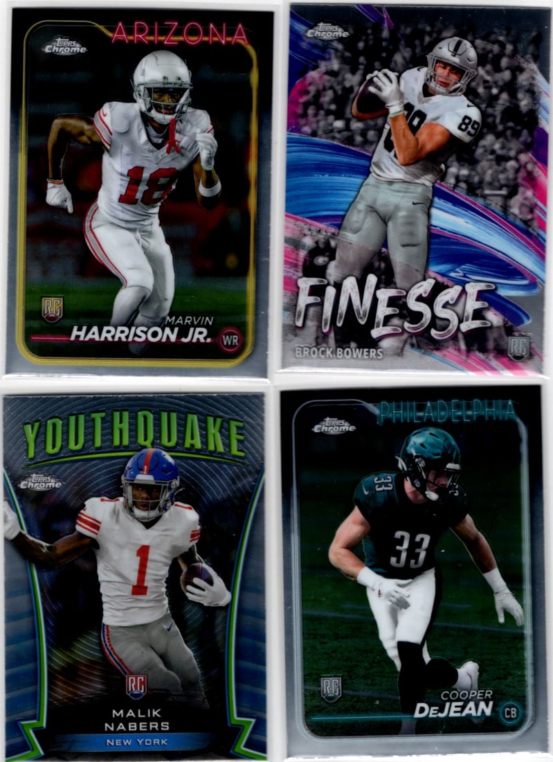 Lot of 4 2024 Topps Chrome Football Rookie Cards. Bowers, Harrison Jr., DeJean, Nabers (1 of 2)