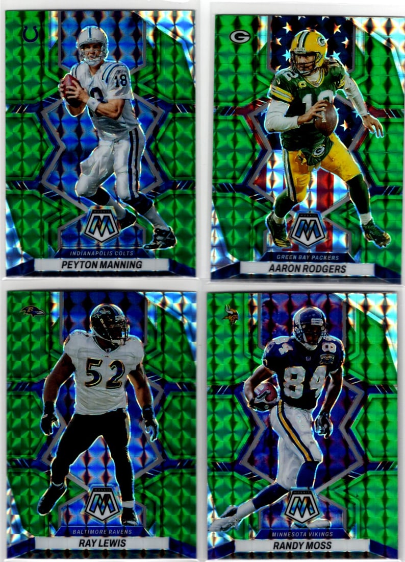 Lot of 4 2022 Mosaic NFL Green Mosaic Prizms. Peyton Manning, Rodgers, Moss, Lewis (1 of 2)