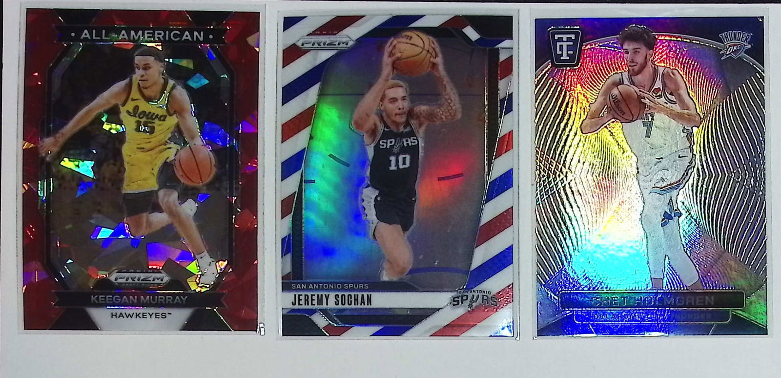 Chet Holmgren, Keegan Murray Red Cracked Ice, & Jeremy Sochan Red, White, & Blue Prizm (1 of 2)