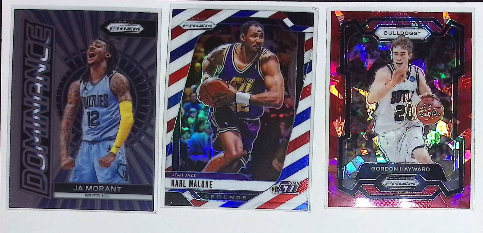 Ja Morant Dominance Insert, Karl Malone Red, White & Blue Prizm, & Gordon Hayward Pink Ice (1 of 2)