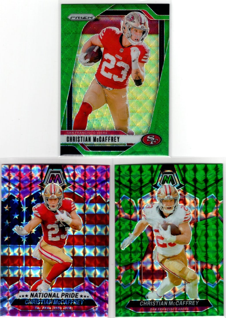 Lot of 3 Christian McCaffrey Prizms. Green Wave, Green Mosaic, Pink Camo (1 of 2)