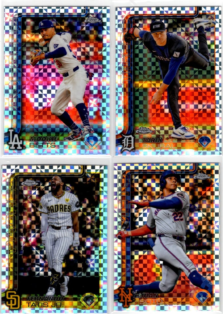 Lot of 4 2025 Topps Chrome MLB Xfractors. Mookie Betts, Tarik Skubal, Soto, Tatis Jr.: Topps Baseball MLB Trading & Sports Cards, Sports Cards for Sale Near Me, World Series & Hall of Fame Players Memorabilia, Refractors, X-Fractors, Numbered, SP, SSP, Valuable Auction Memorabilia Lots