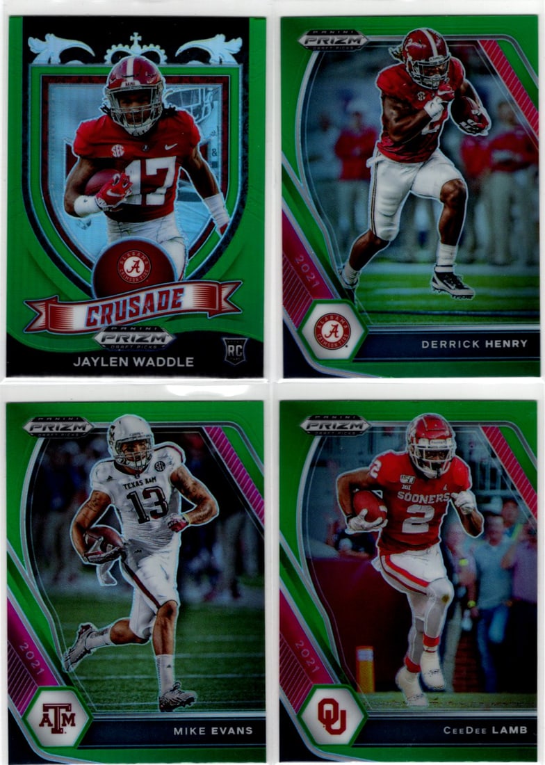 Lot of 4 2021 Prizm Draft Picks Football Green Prizms. Waddle RC, Henry, Evans, Lamb (1 of 2)