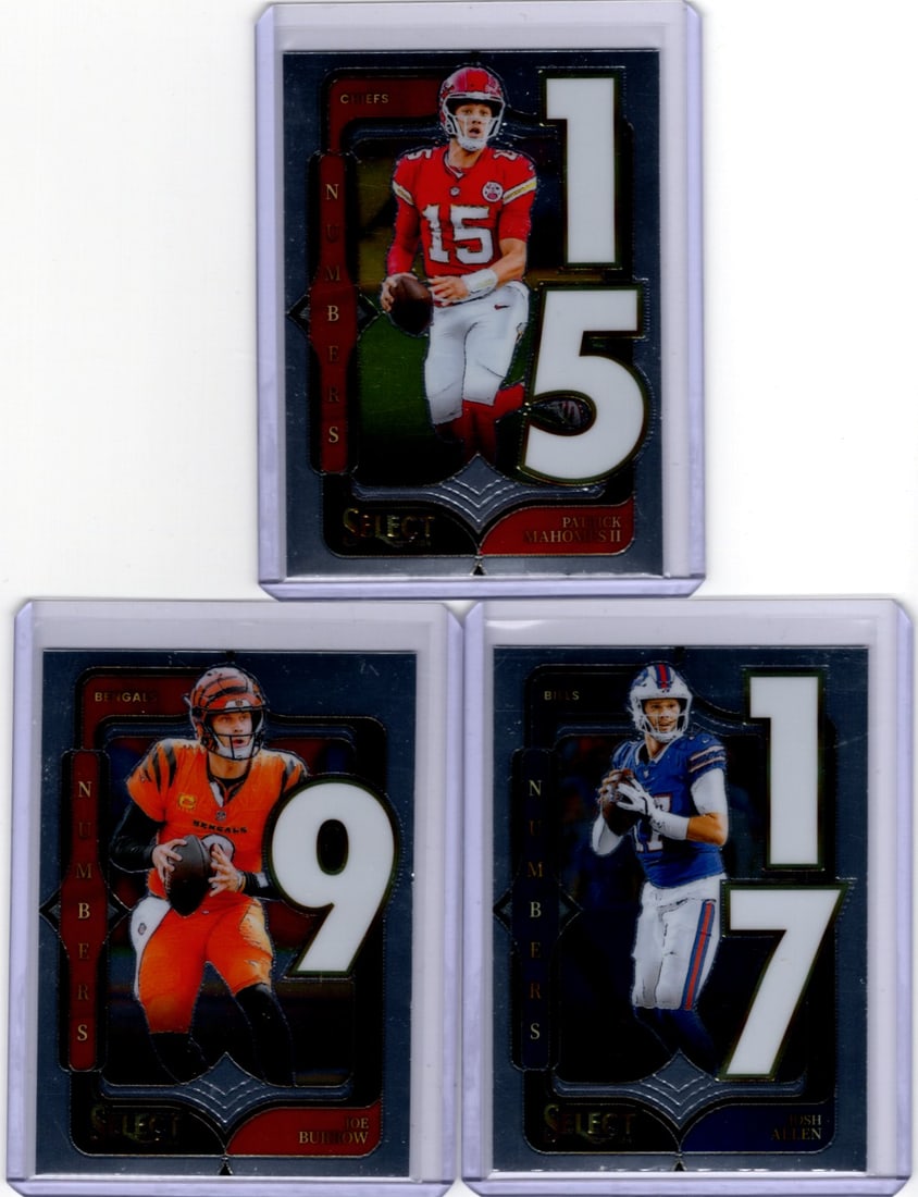 Lot of 3 2024 Select NFL QB Numbers Inserts. Patrick Mahomes, Josh Allen, Joe Burrow (1 of 2)