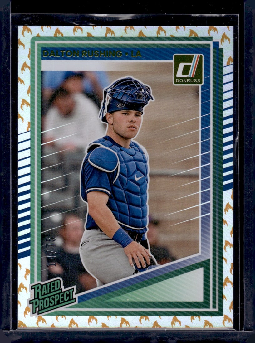 Dalton Rushing Rated Prospect Fire /75 2025 Donruss #125 Los Angeles Dodgers (1 of 2)