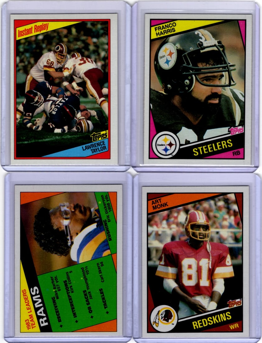 Lot of 4 1984 Topps Football Cards. Franco Harris, Eric Dickerson, Art Monk, Lawrence Taylor (1 of 2)