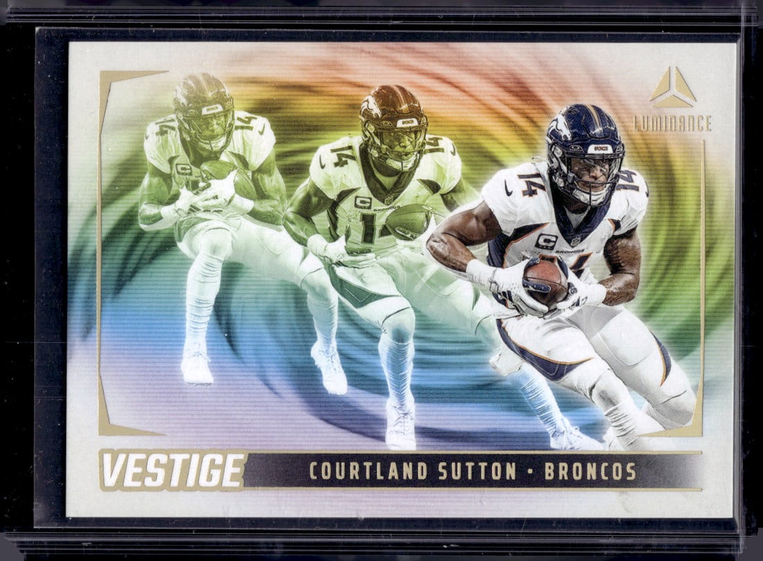 Courtland Sutton Vestige 2024 Luminance #VES-CSN Denver Broncos: Panini Select, Prizm, Mosaic, Contenders, Zenith, Phoenix, Illusions, Absolute, Rookie NFL Sports Trading Cards, SP, SSP, Cards, Football Cards for Sale Near Me, Superbowl & Hall of Fame Player Cards,