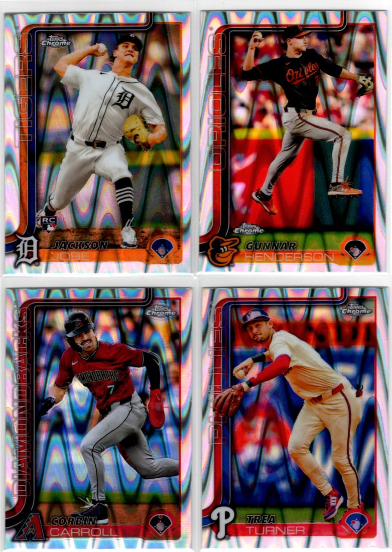 Lot of 4 2025 Topps Chrome MLB Raywave Refractors. Jobe RC, Henderson, Carroll, Turner (1 of 2)