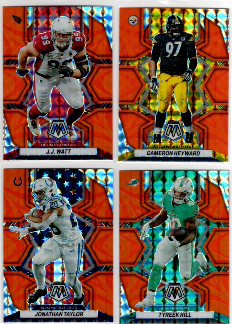 Lot of 4 2022 Mosaic NFL Orange Reactive Prizms. Watt, Heyward, Taylor, Hill: Panini Select, Prizm, Mosaic, Contenders, Zenith, Phoenix, Illusions, Absolute, Rookie NFL Sports Trading Cards, SP, SSP, Cards, Football Cards for Sale Near Me, Superbowl & Hall of Fame Player Cards,