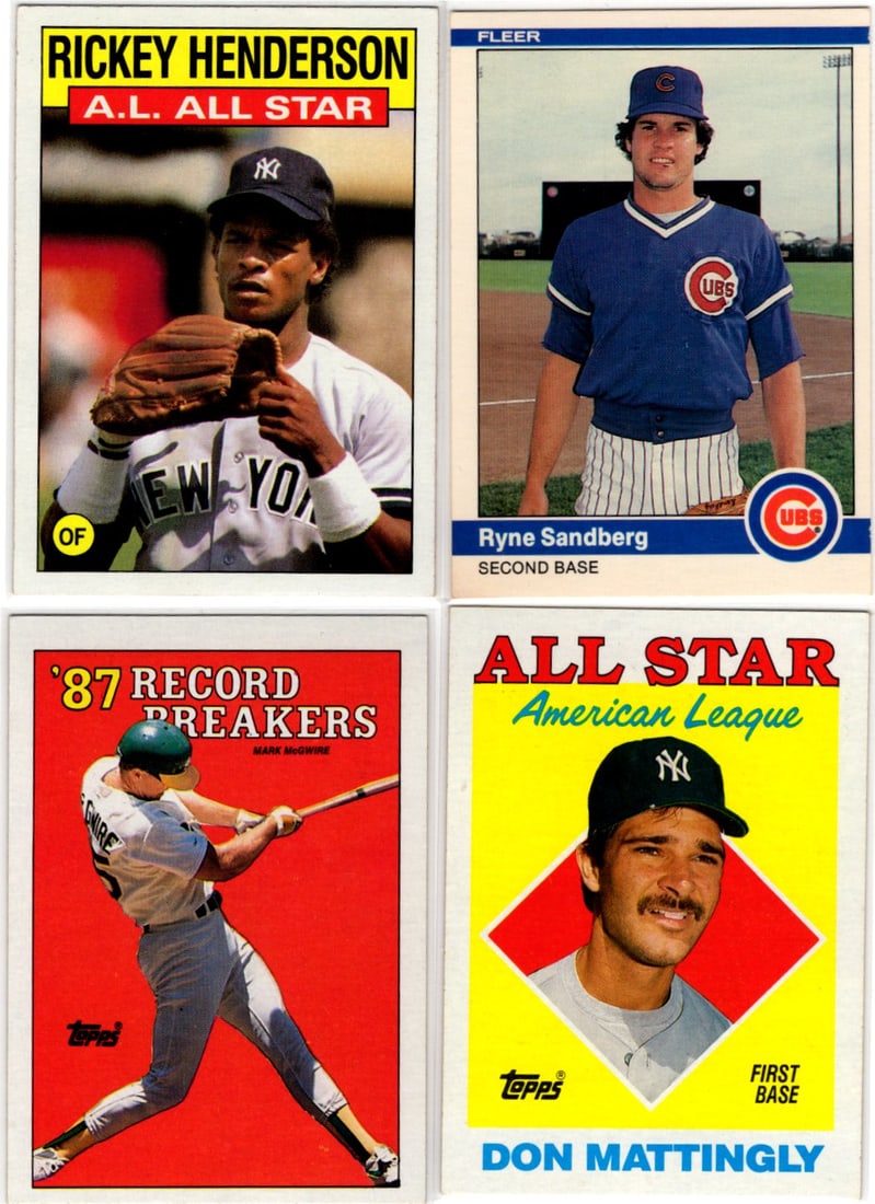 Lot of 4 1980s Baseball Cards. Rickey Henderson, Sandberg, McGwire, Don Mattingly (1 of 2)