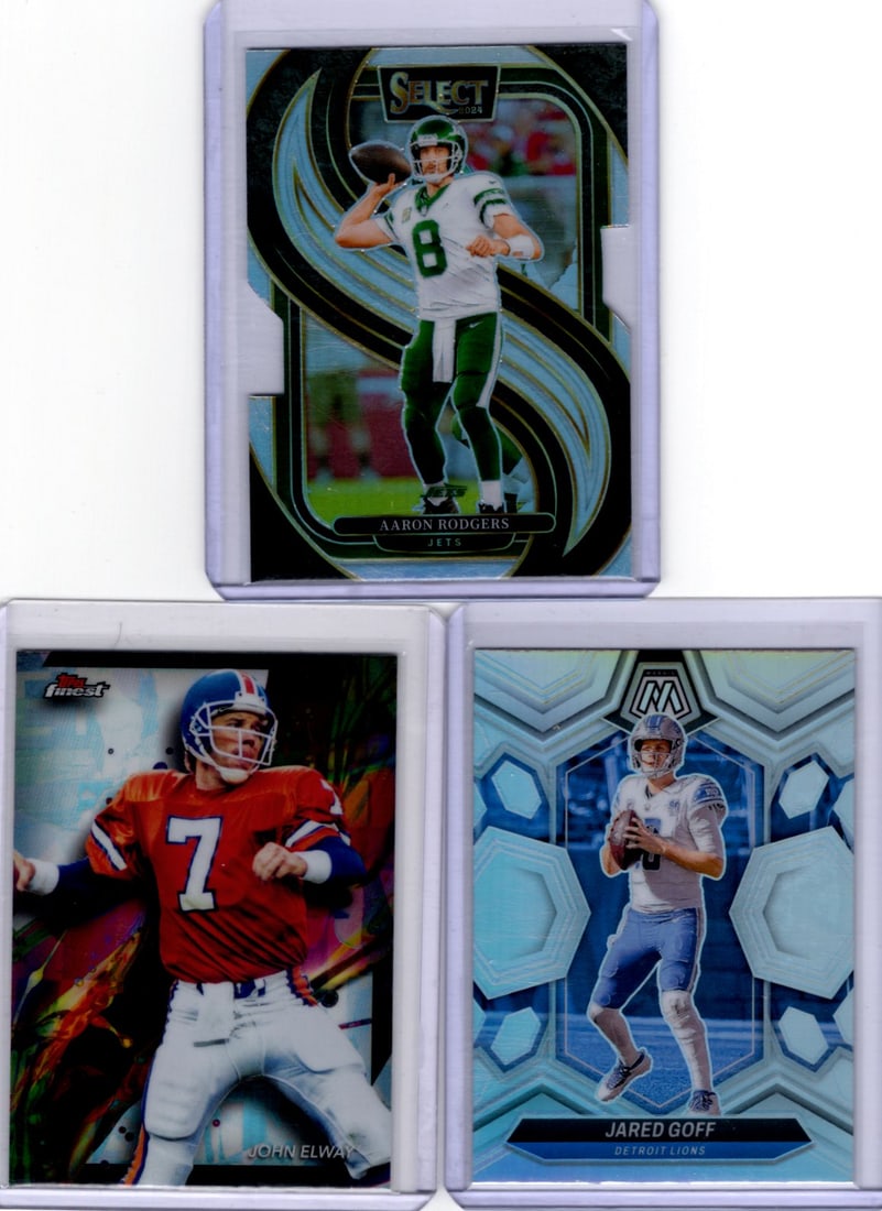 Lot of 3 NFL QB Silver Prizms & Refractors. John Elway, Aaron Rodgers, Jared Goff (1 of 2)