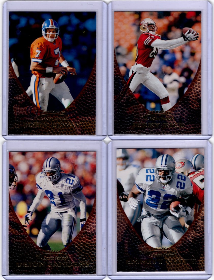 Lot of 4 1997 Pinnacle Action Packed Football Cards. Elway, Rice, Smith, Sanders (1 of 2)