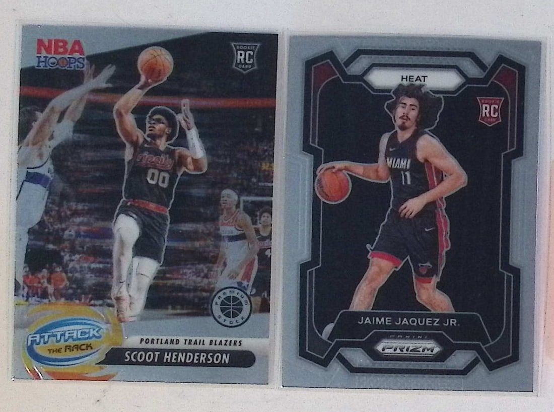 Rookie Cards of Jaime Jaquez, Jr.Prizm & Scoot Henderson 2023 Attack the Rack NBA Hoops: Panini Select, Prizm, Mosaic, Contenders, Revolution, Phoenix, NBA Hoops, Rookie NFL Sports Trading Cards, Silver, SP, SSP, Wave Prizms, Numbered Cards, Basketball sports Cards for Sale Near Me, NBA C