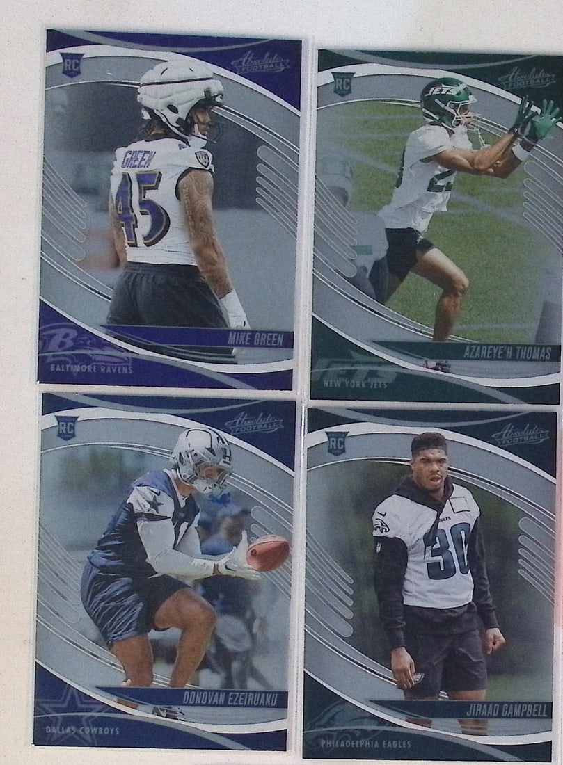 4 - 2025 Panini Absolute Rookie Cards: Mike Green, Alareye,h Thomas, Jihaad Campbell: Panini Select, Prizm, Mosaic, Contenders, Zenith, Phoenix, Illusions, Absolute, Rookie NFL Sports Trading Cards, SP, SSP, Cards, Football Cards for Sale Near Me, Superbowl & Hall of Fame Player Cards,