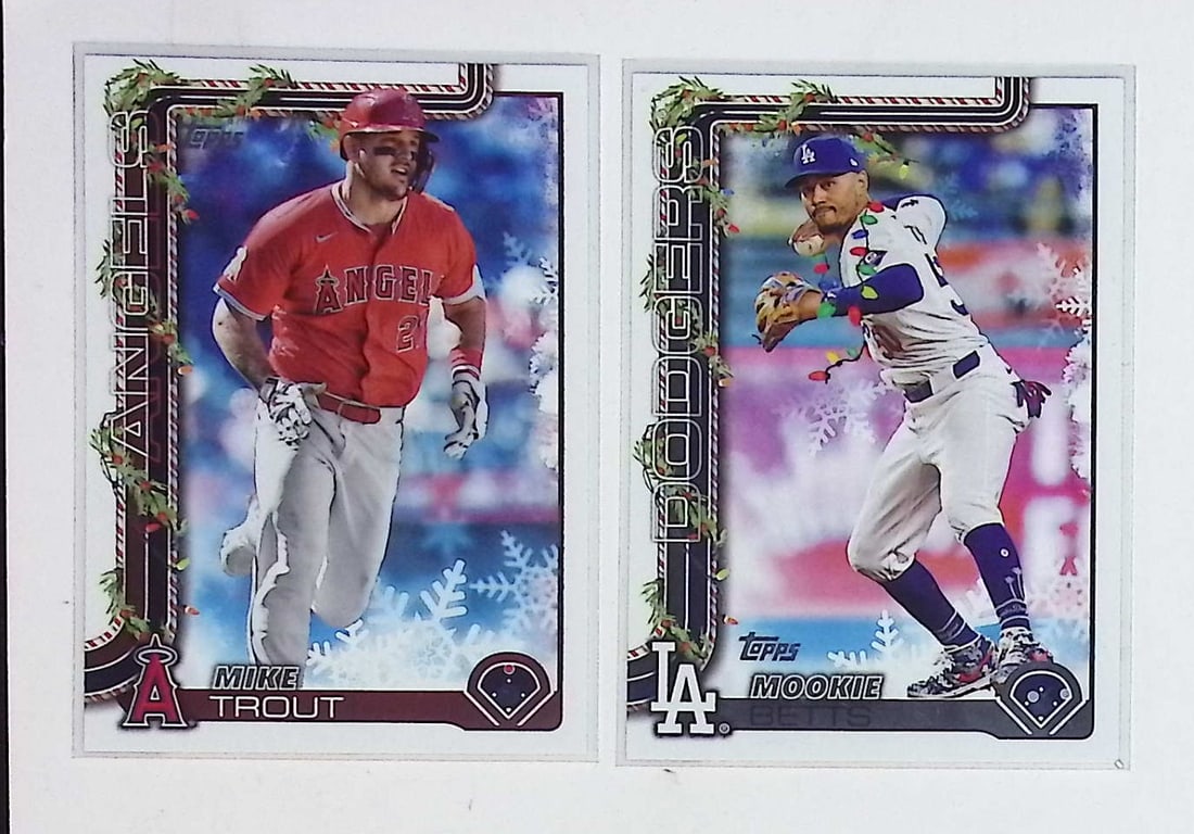 Mookie Betts Christmas Lights Variation & Mike Trout 2025 Topps Holiday: Topps Baseball MLB Trading & Sports Cards, Sports Cards for Sale Near Me, World Series & Hall of Fame Players Memorabilia, Refractors, X-Fractors, Numbered, SP, SSP, Valuable Auction Memorabilia Lots