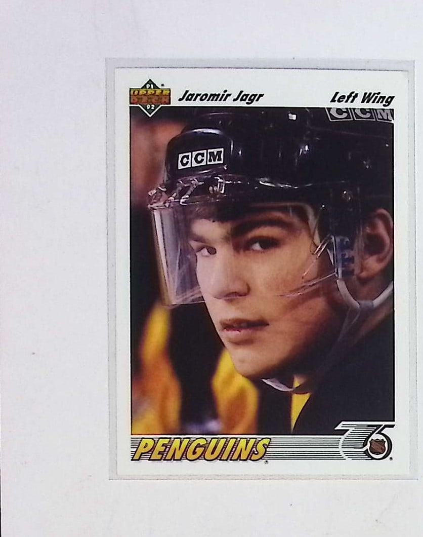 Jaromir Jagr Rookie Card 1991-92 Upper Deck #256 Pittsburgh Penguins: Upper Deck Vintage NHL Hockey Trading & Sports Cards, Old Sports Cards for Sale Near Me, Stanley Cup & Hall of Fame Players, Valuable Auction Memorabilia Lots for Sale On Line