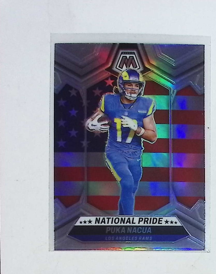 Puka Nacua Silver Prizm National Pride Variation 2024 Panini Mosaic #264: Panini Select, Prizm, Mosaic, Contenders, Revolution, Phoenix, NBA Hoops, Rookie NFL Sports Trading Cards, Silver, SP, SSP, Wave Prizms, Numbered Cards, Basketball sports Cards for Sale Near Me, NBA C