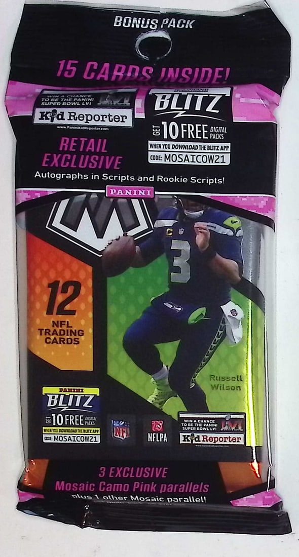 2021 Panini Mosaic CELLO FAT PACK (A 15 Card Pack + Bonus 3 Card Pink Mosaic Prizm Pack): Panini Rookie Football NFL Trading & Sports Cards, Football & Sports Cards for Sale Near Me, Silver, Wave, Autographs, SP, SSP, Numbered, Super Bowl & Hall of Fame Players, Valuable Auction Memorabili