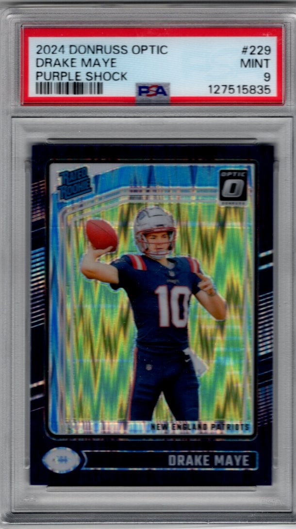 Drake Maye Rookie Card Purple Shock 2024 Donruss Optic #229 PSA 9 Patriots (1 of 2)