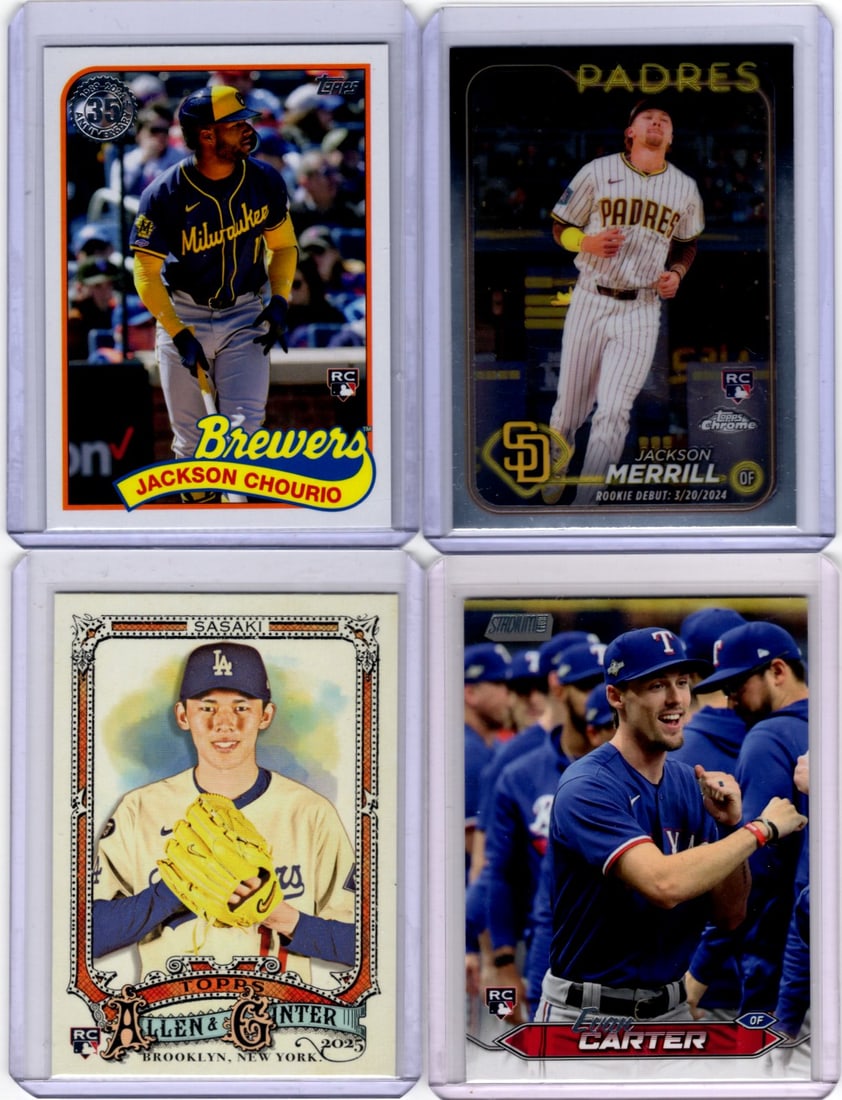 Lot of 4 MLB Rookie Cards. Jackson Chourio, Jackson Merrill, Roki Sasaki, Evan Carter (1 of 2)