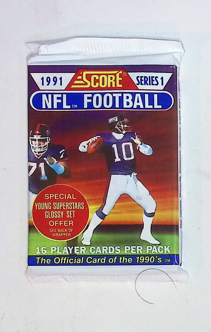 1991 Score Series 1 Vintage Football Card Retail Box Pack Sports Cards Brett Favre Rookie Card: Score Vintage Football Rookie NFL Trading & Sports Cards, Brett Favre Rookie Card, Emmitt Smith, Bo Jackson, Barry Sanders, Joe Montana, Jerry Rice, Old Sports Cards for Sale Near Me, Super Bowl & Hal