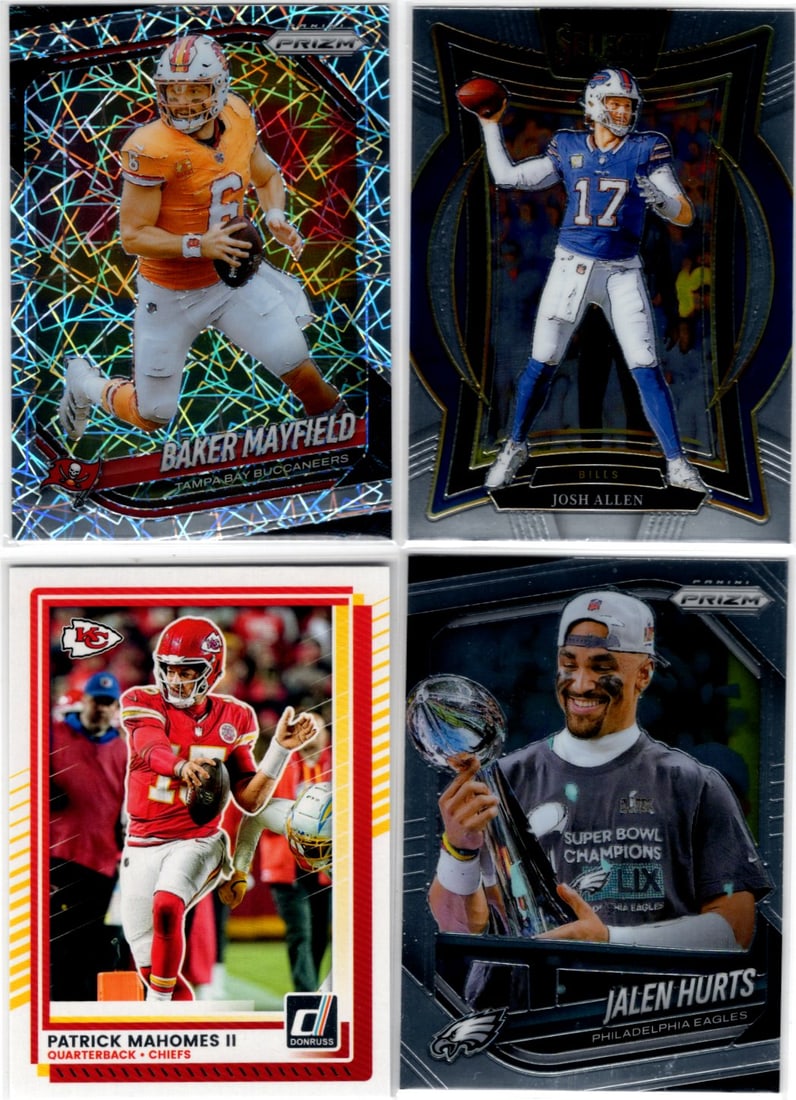 Lot of 4 NFL QB Cards. Mayfield Lazer Prizm, Mahomes, Allen, Hurts (1 of 2)