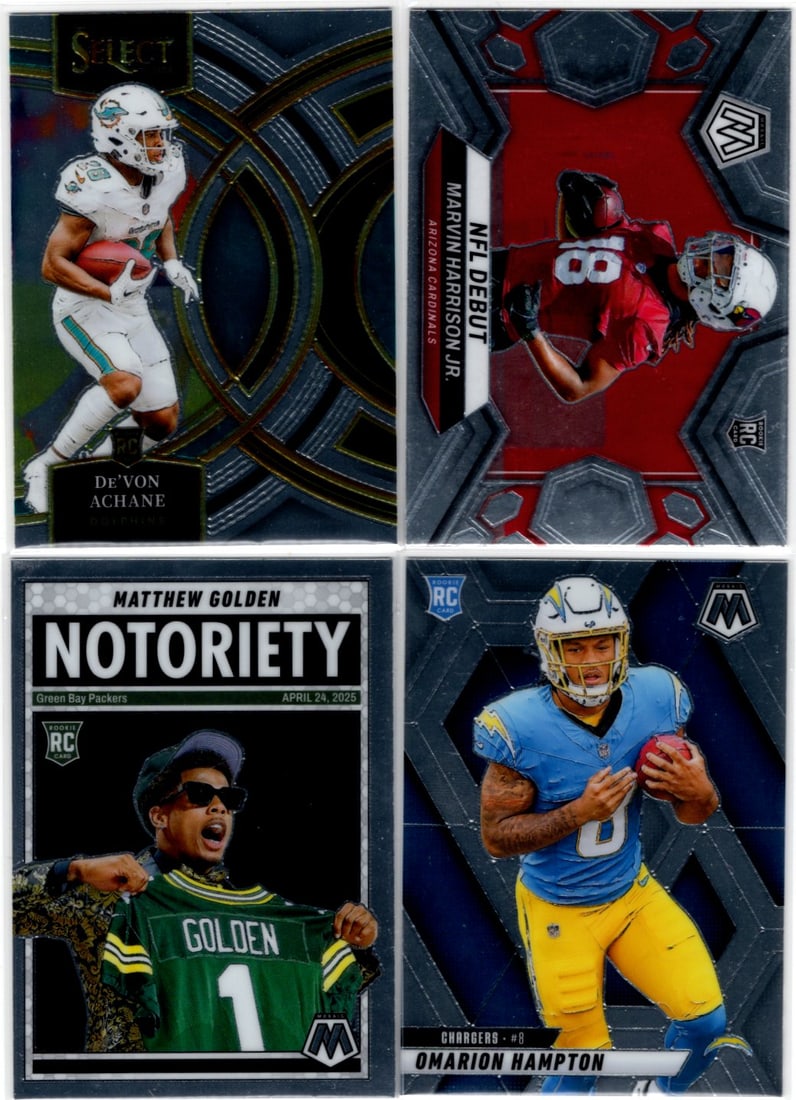 Lot of 4 NFL Rookie Cards WRs/RBs. Achane, Harrison Jr., Hampton, Golden (1 of 2)