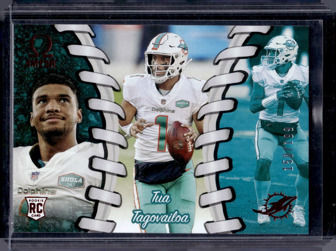 Tua Tagovailoa Rookie Card Red /199 2020 Chronicles Omega #O-2 Miami Dolphins: Panini Select, Prizm, Mosaic, Contenders, Zenith, Phoenix, Illusions, Absolute, Rookie NFL Sports Trading Cards, SP, SSP, Cards, Football Cards for Sale Near Me, Superbowl & Hall of Fame Player Cards,