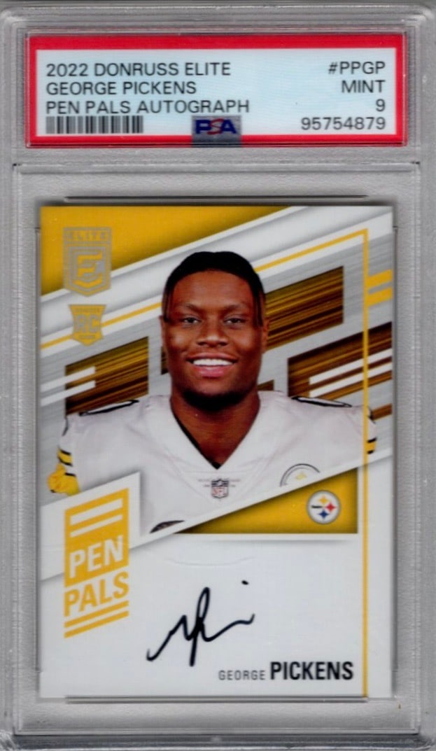George Pickens Rookie Auto Pen Pals 2022 Donruss Elite #PP-GP PSA 9 Steelers, Cowboys: Panini Select, Prizm, Mosaic, Contenders, Zenith, Phoenix, Illusions, Absolute, Rookie NFL Sports Trading Cards, SP, SSP, Cards, Football Cards for Sale Near Me, Superbowl & Hall of Fame Player Cards,