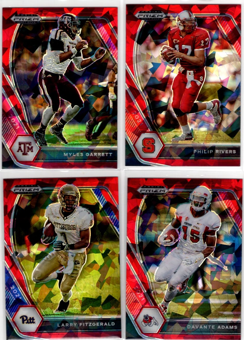 Lot of 4 2021 Prizm Draft Picks Football Red Ices. Myles Garrett, Rivers, Fitzgerald, Adams: Panini Select, Prizm, Mosaic, Contenders, Zenith, Phoenix, Illusions, Absolute, Rookie NFL Sports Trading Cards, SP, SSP, Cards, Football Cards for Sale Near Me, Superbowl & Hall of Fame Player Cards,